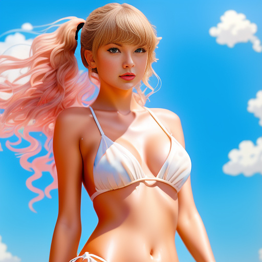 Taylor swift wearing a bikini dripping out milk from her mouth
 in anime style