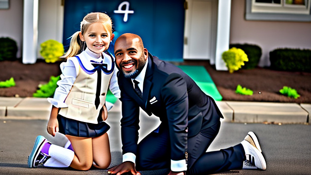 White, blonde, very cute, girl 7 years old , girl on her knees , school outfit, smiling, next to black uncle, both people shown in picture, in custom style