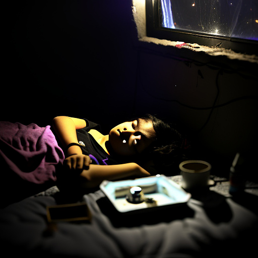 A 13-year-old girl lies on a bed in a dark room and cries. the room is dark, smoky and a mess, the bed is broken. there is an ashtray with an outstanding cigarette on the table. in custom style