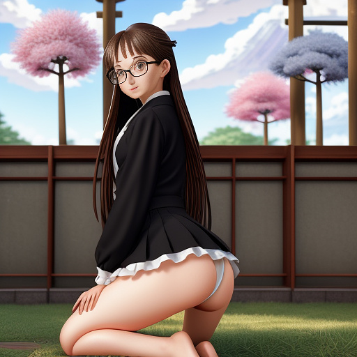 Ultra realistically a 22 year old german girl with a black braid with glasses and brown eyes 1.70 tall thin in schoolgirl uniform kneel on a chair her underwear is open in the crot you can see her vagina and her anus in anime style