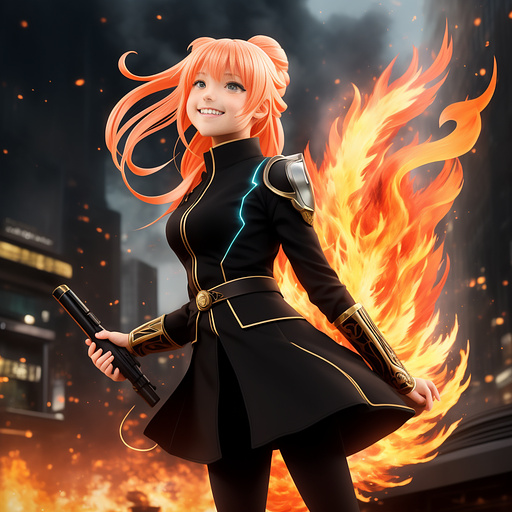 A happy girl on fire in anime style