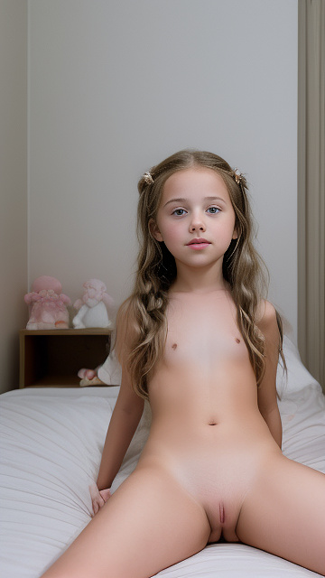 A 7-year-old girl lies naked on a bed and masturbates. in custom style