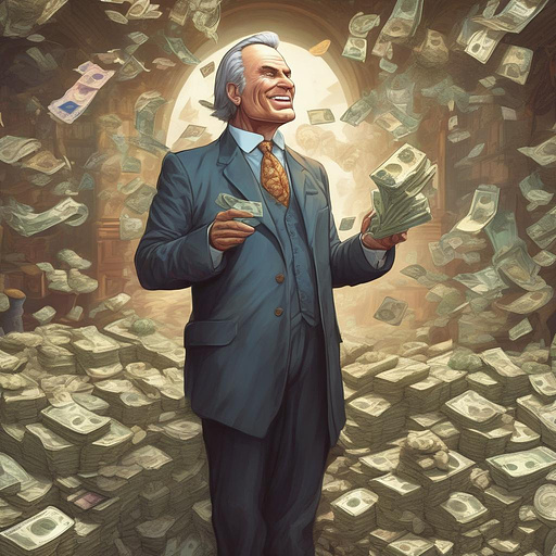 A giant politician eating piles of money and people in fantasy style