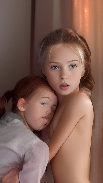 A 9-year-old naked girl is sucking another girl's breast. in custom style