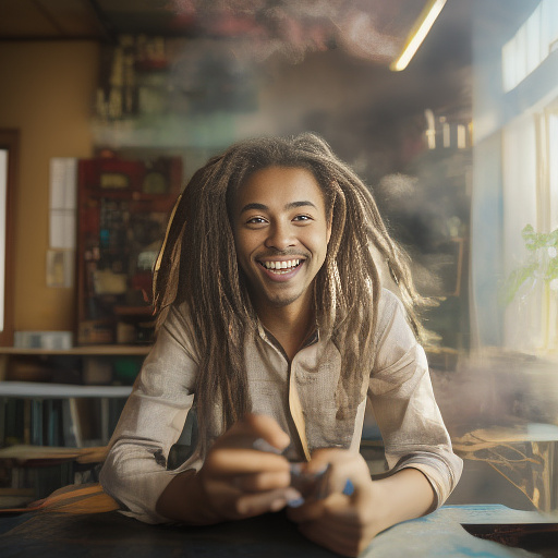 A black rastafarian is sitting on a worktable, smiling happily and smoking. the room is smoky. in custom style