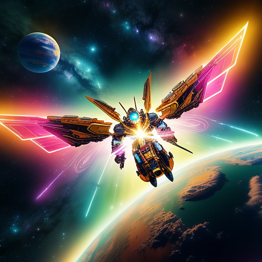 A cheerful transformer flies through space against the backdrop of planets. in angelcore style