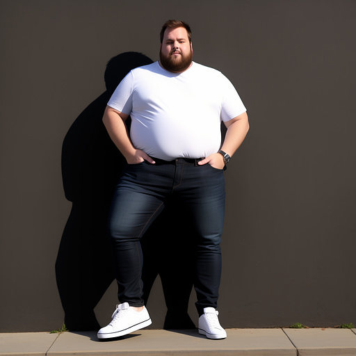 Full body and face visible. obese brown haired white man without beard in jeans with black shoes and with a massive belly that doesn’t fit in the jeans in custom style