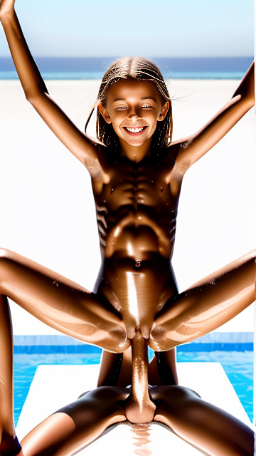 Two 10 year old girls, naked, spread legs, skinny, lean, very muscular, strong abs, hands up, vagina, full body, long legs, very big penis penetrating deep anal, feet, closed eyes, smiling, wet skin, sweat, white liquid

 in custom style