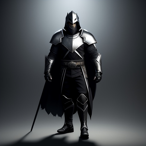 Full-body concept art of a video game character named ghost. he is a warrior wearing heavy, layered dark robes over light armor, giving a more traditional mercenary silhouette. he wears a full helmet with a featureless, completely smooth white ceramic mask—no eyes, no mouth, no markings. no skin is visible; his hands are covered by dark gloves. on his forearms are compact, streamlined mechanical gauntlets designed to be sleek and non-bulky, housing hidden grappling hooks and small firearm barrels. the aesthetic is a mix of ancient tradition and low-tech grit. cinematic lighting, painterly style, dark neutral background. in custom style