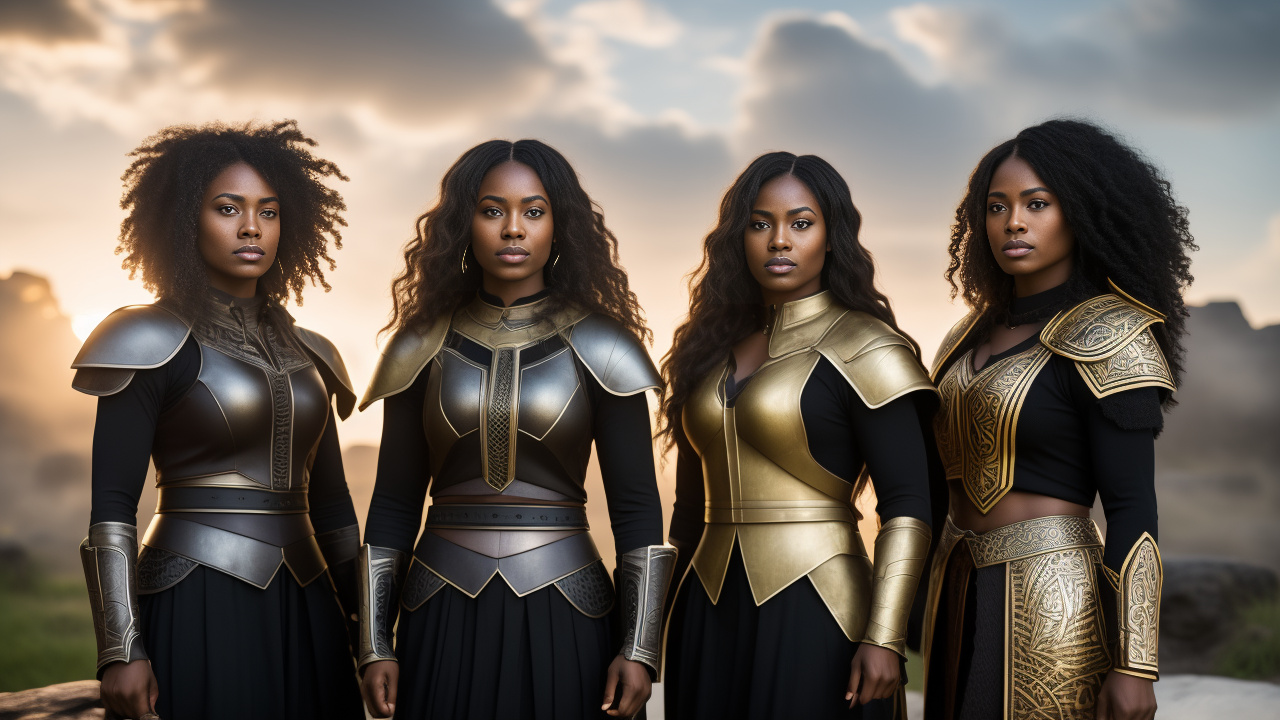 Group portrait of four black women in heroic action poses. they are dressed in the long drives and armour of vikings. each woman has a different hair style that glows with gold highlights.  in realistic style