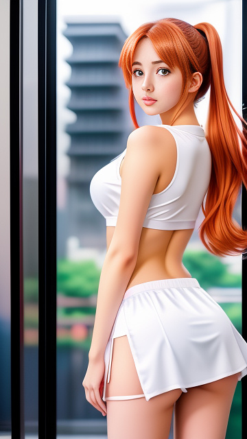 Hot e-girl, front facing, large chest, big breasts, tight shirt with a boob window, mini skirt, facing foreward, thin face in anime style
