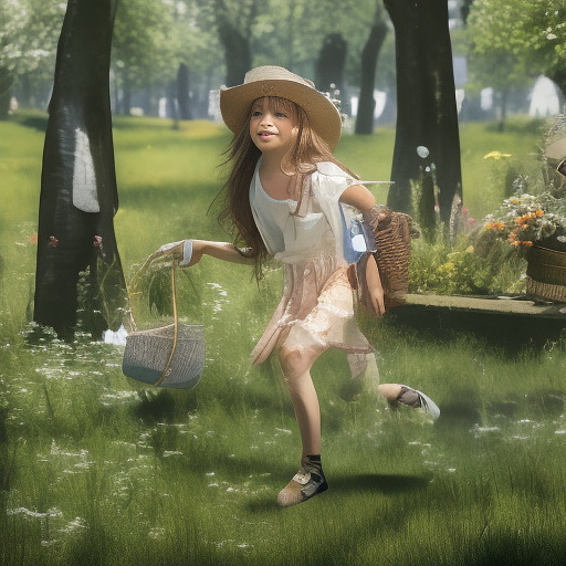 A girl is skipping across a sunny lawn. she has a basket in her hands and a hat on her head. in custom style