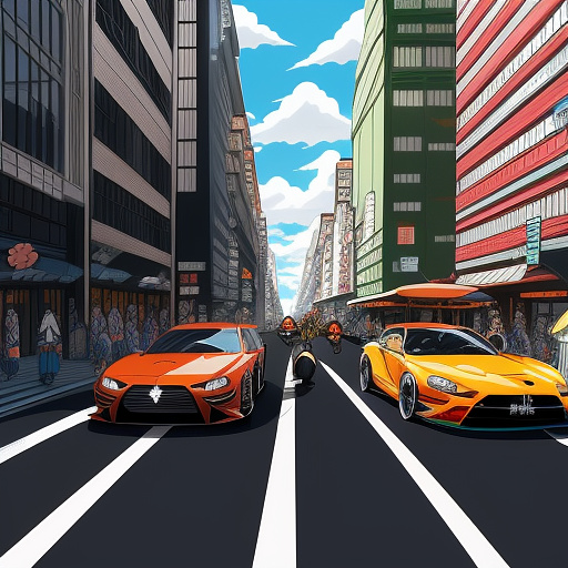 Humans with tails racing in lower manhattan in anime style