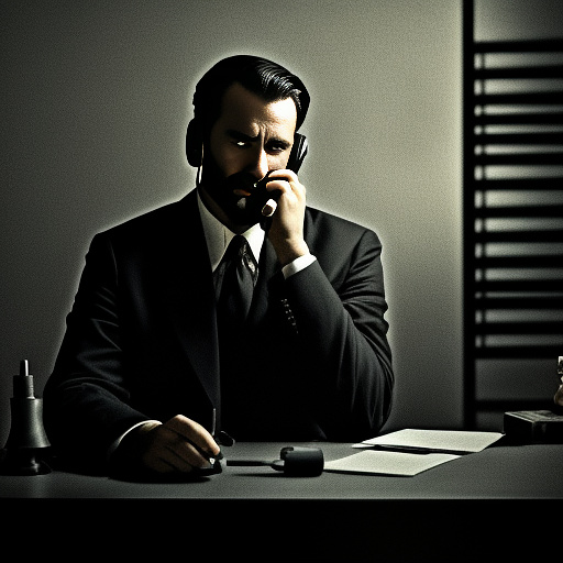 In a dark room, there is a telephone and a gun on the table. a man is sitting on a chair, and he is dead. in custom style