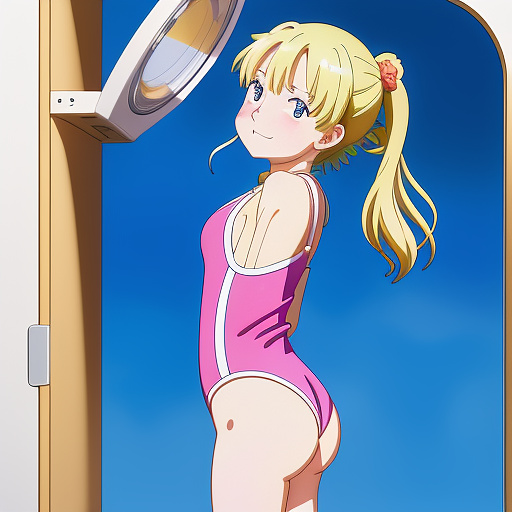 Girl happily watching her mother’s one piece swimsuit shrink to her size in the dryer it in anime style