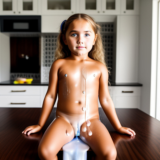 Ultra realistically a 10 year old girl sits on kitchen table and shows her open sheath with sperm drips out of very close detailed in custom style