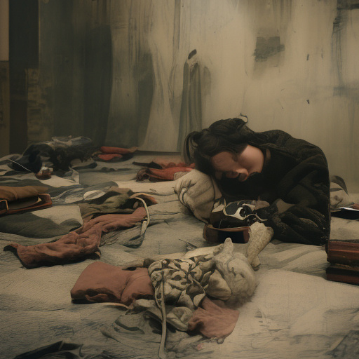 A 13-year-old girl lies on a bed in a dark room and cries. the room is dark, smoky and a mess, the bed is broken. there is an ashtray with an outstanding cigarette on the table. in custom style