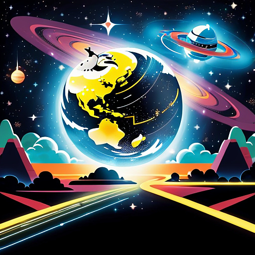 A cheerful transformer flies through space against the backdrop of planets. in disney painted style