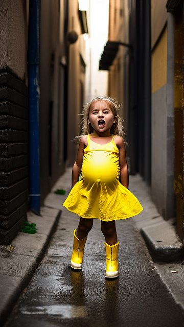 Pregnant, 7-years-old-blonde-girl, topless, alleyway, screaming in pain, yellow boots in custom style
