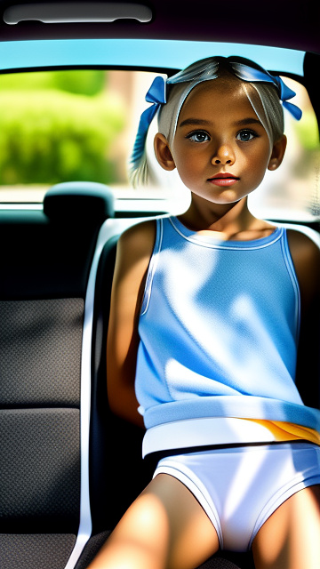 A thin blonde 9 years old in a school uniform and white children's panties, with short white hair, she languidly lies in the car in the back seat, her legs are spread apart, bows on her head in disney painted style