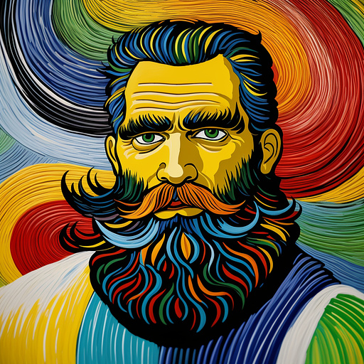 Colorful 35 years man painted cartoon animated surrealistic  100kg (short beard) in neo impressionism style