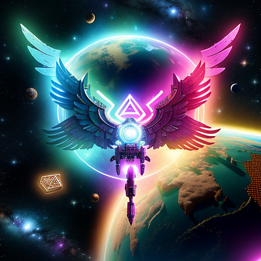 A cheerful transformer flies through space against the backdrop of planets. in angelcore style