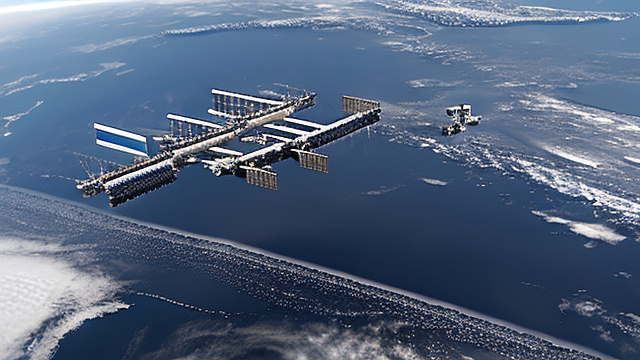 A large lunar space station in orbit with spacex starships docked next to it. in custom style
