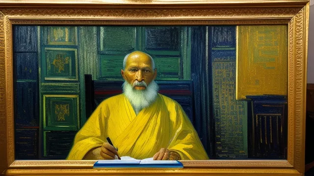 An old monk with a yellow dress sitting in his royal throne in neo impressionism style