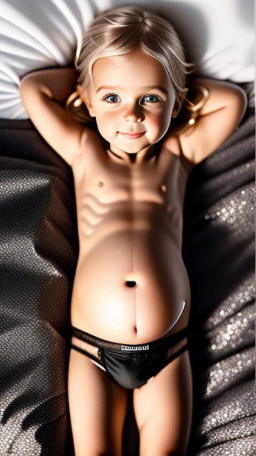 Realistic, detailed, 5-year-old blonde girl, in black underwear, pregnant, laying in bed, top down full body view, blushing, thin glue on body in custom style