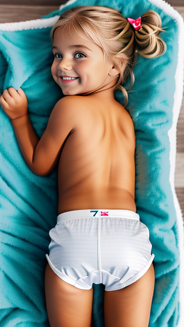 Cute smiling white 7 year badge outfit blonde girl,  laying in bed, full body shown, laying face down, facing the other direction ,   tight underwear, showing back side, 7 year old body  in custom style
