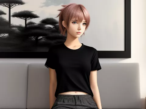 Pixie haired mature tomboy girl with a serious face, sitting on a couch wearing black t shirt and shorts in anime style
