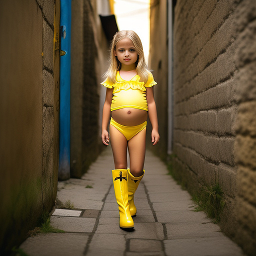 Pregnant, 7 years old, blonde girl, backalley, yellow bikini, yellow boots, front view in custom style