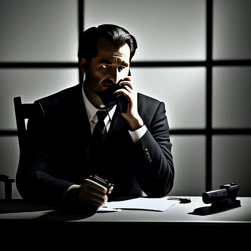 In a dark room, there is a telephone and a gun on the table. a man is sitting on a chair, and he is dead. in custom style