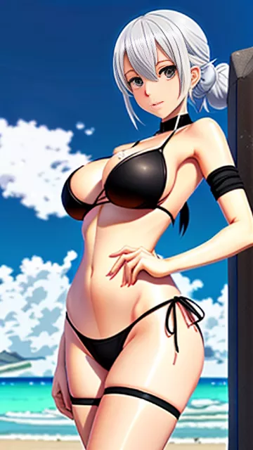 Huge breast,bikini,anime girl,inglis eucus, white hair
 in anime style