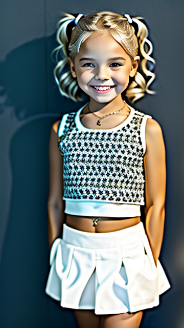 Cute white 6 year blonde girl, cop top mini skirt, 6 year old body. smiling  in custom style
