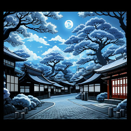 The russian blue cat is watching the moon above the tree at night in anime style