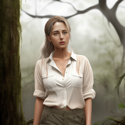 Setting: damp humid swamp. clouds of flies. front view of an attractive middle aged woman standing hip deep in swamp. she is pale skinned and very sweaty. her hair is dark and in a 1940's style. she is dressed in a mud splattered white button up blouse with the sleeves torn off. the blouse is unfastened underneath she wears a white bra. she wears cargo shorts. her clothes are wet and dirty with mud. there are centipedes crawling up her legs. realistic style. detailed face. nervous expression. full body image. damp, wet, humid.  in anime style