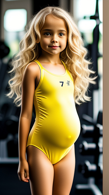 Realistic, pregnant, 7-year-old-girl, blonde hair, yellow leotard, gym,  in custom style