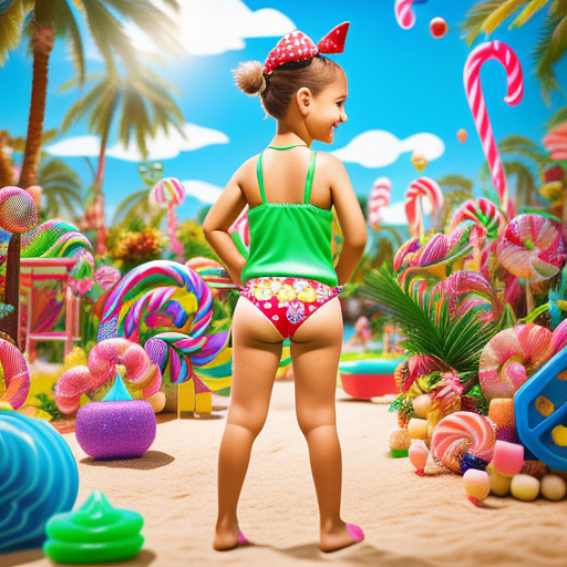 9 year old wearing bikini bends over from behind in kids painted style