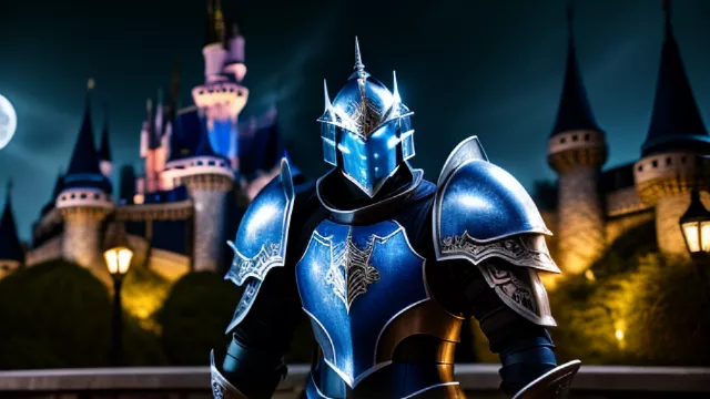 A fantasy blue armored knight glooms at night under the moonlight in front of a dark castle with his shield and sword in disney painted style