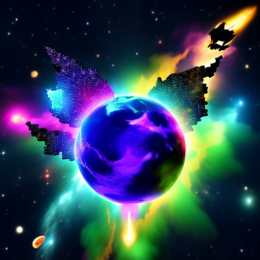A cheerful transformer flies through space against the backdrop of planets. in angelcore style