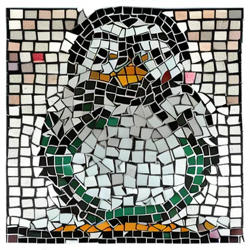 Dirty penguin made completely of small robins in mosaic style