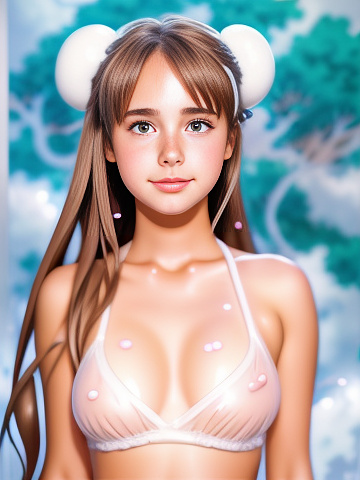 Cute american girl, front facing, large chest, white slime on face and chest, in anime style