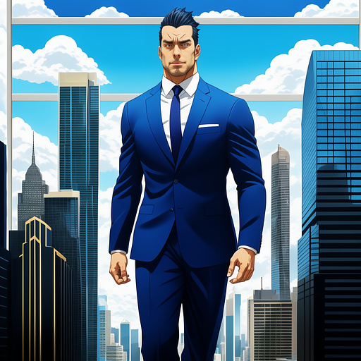 Giant business men in blue suit with oversized muscled with big bulge in anime style