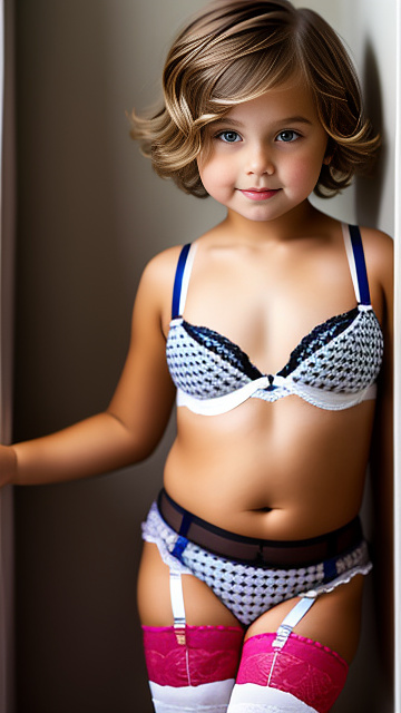 7 year-old with huge breasts, cute, revealing bra, caucasian, short hair, stockings in custom style