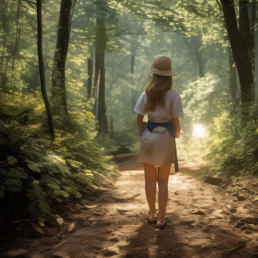 A tired 9-year-old girl is walking along a forest path. it's evening. she has a basket in her hand. she's wearing a panama hat. view from behind. in custom style