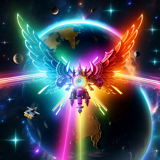 A cheerful transformer flies through space against the backdrop of planets. in angelcore style