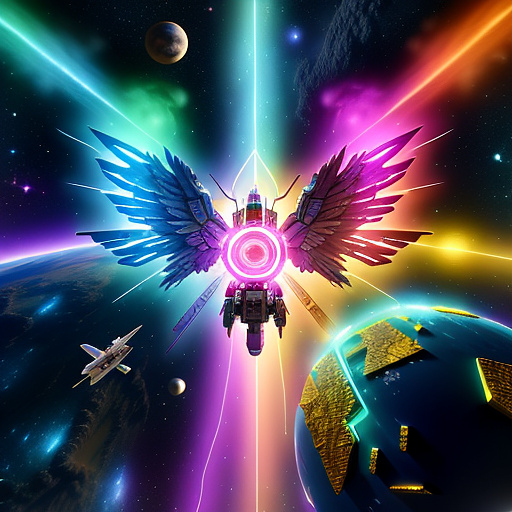 A cheerful transformer flies through space against the backdrop of planets. in angelcore style