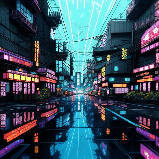 A cyberpunk cityscape at night,neon lights,rain,cinematic in anime style