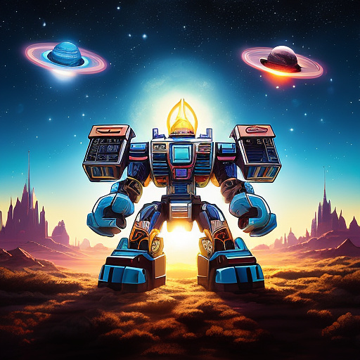 A cheerful transformer flies through space against the backdrop of planets. in disney painted style